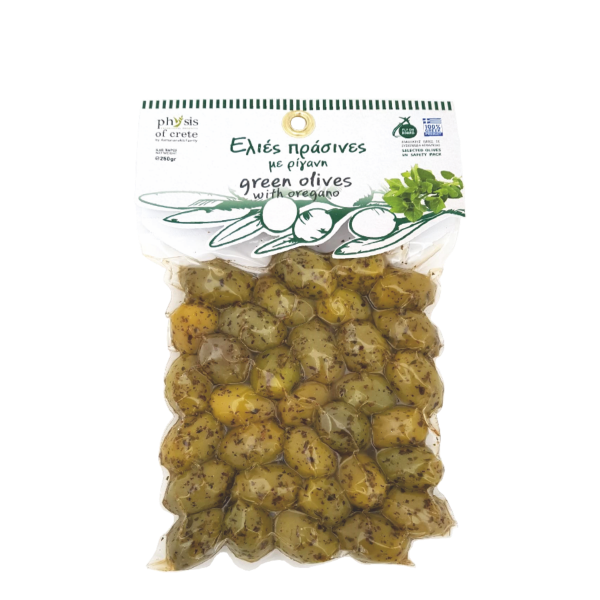 Poza cu Măsline verzi cu oregano, în vid, Physis of Crete, 250 g