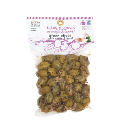 Poza cu Măsline verzi cu busuioc şi usturoi, în vid, Physis of Crete, 250 g