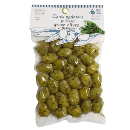 Poza cu Măsline verzi cu cimbru, în vid, Physis of Crete, 250 g